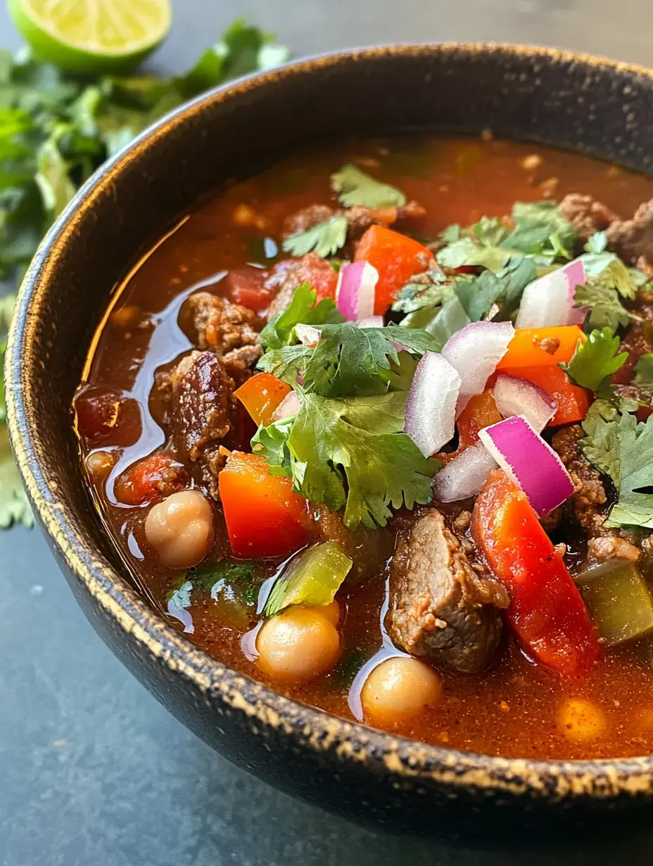 A close-up view of a bowl of hearty soup garnished with colorful vegetables, cilantro, and onions, alongside a lime and fresh herbs.