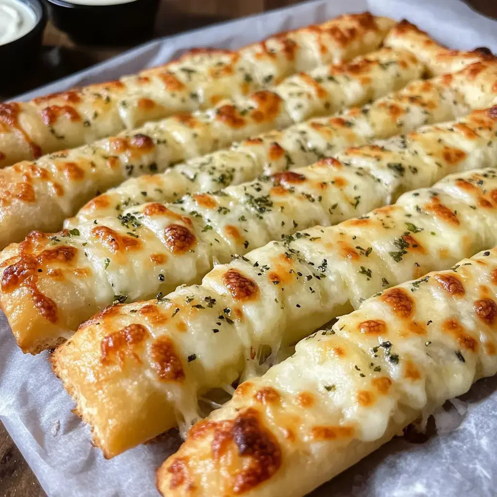 A close-up view of several cheese-stuffed breadsticks topped with herbs, served on parchment paper with dipping sauces in small bowls.