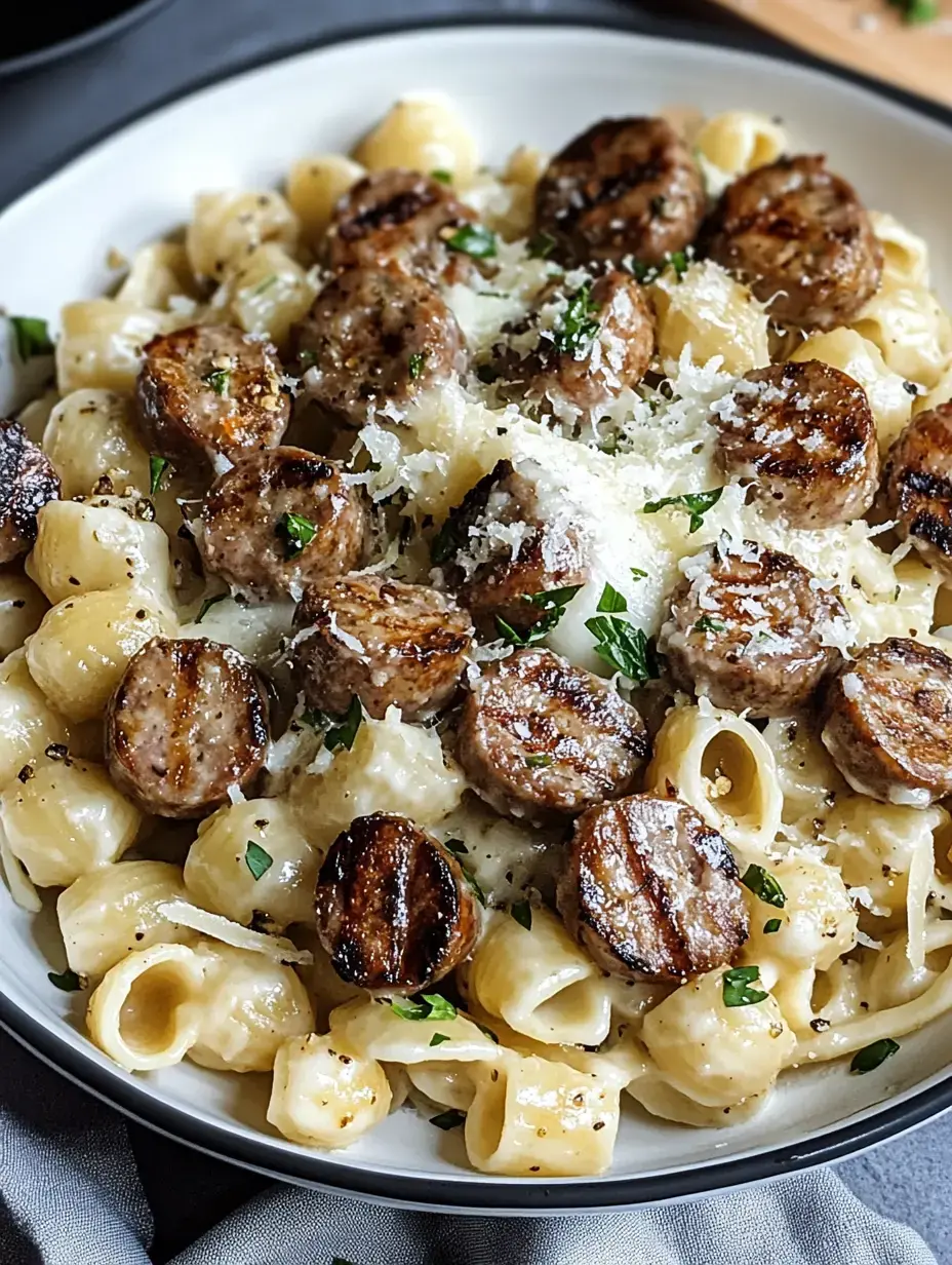 A bowl of pasta topped with grilled sausage slices, garnished with parsley and grated cheese.