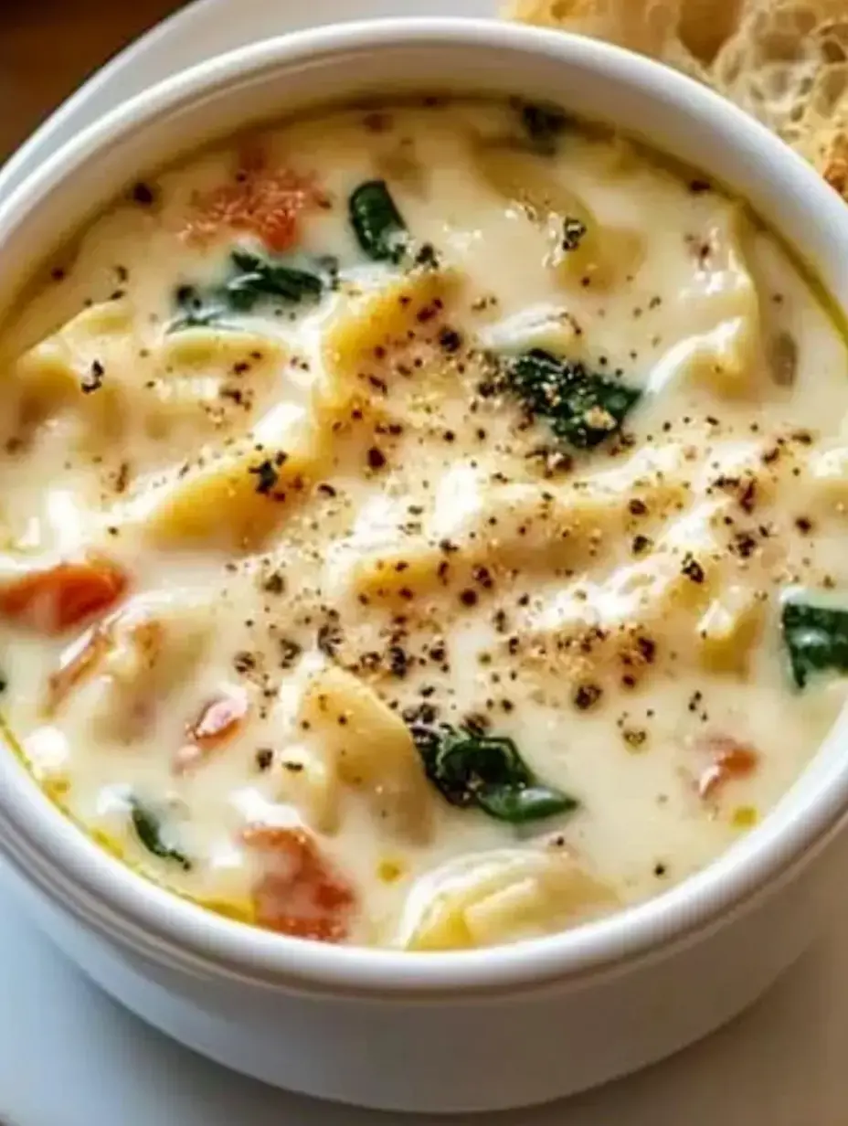 A creamy soup with spinach and diced vegetables served in a white bowl, garnished with black pepper.