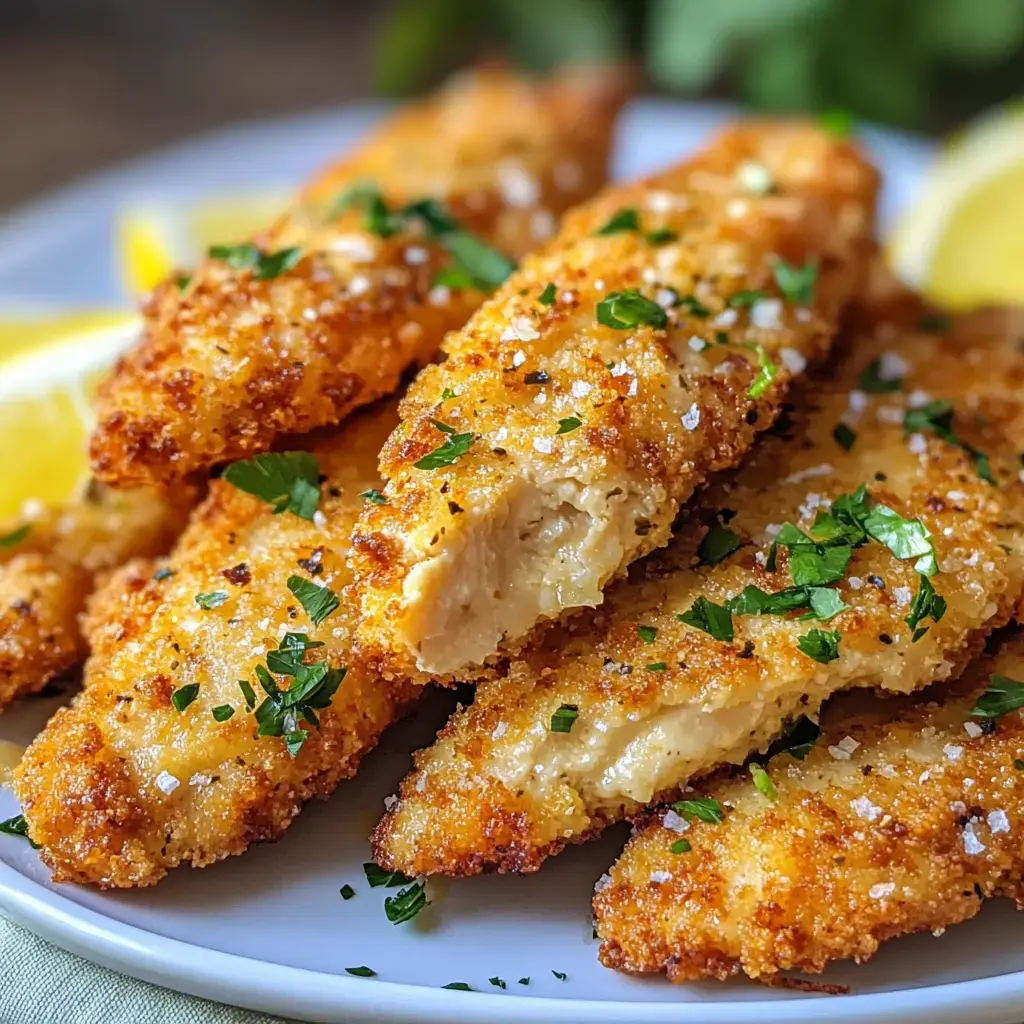 A close-up of crispy breaded fish fillets garnished with parsley and served on a plate with lemon wedges.