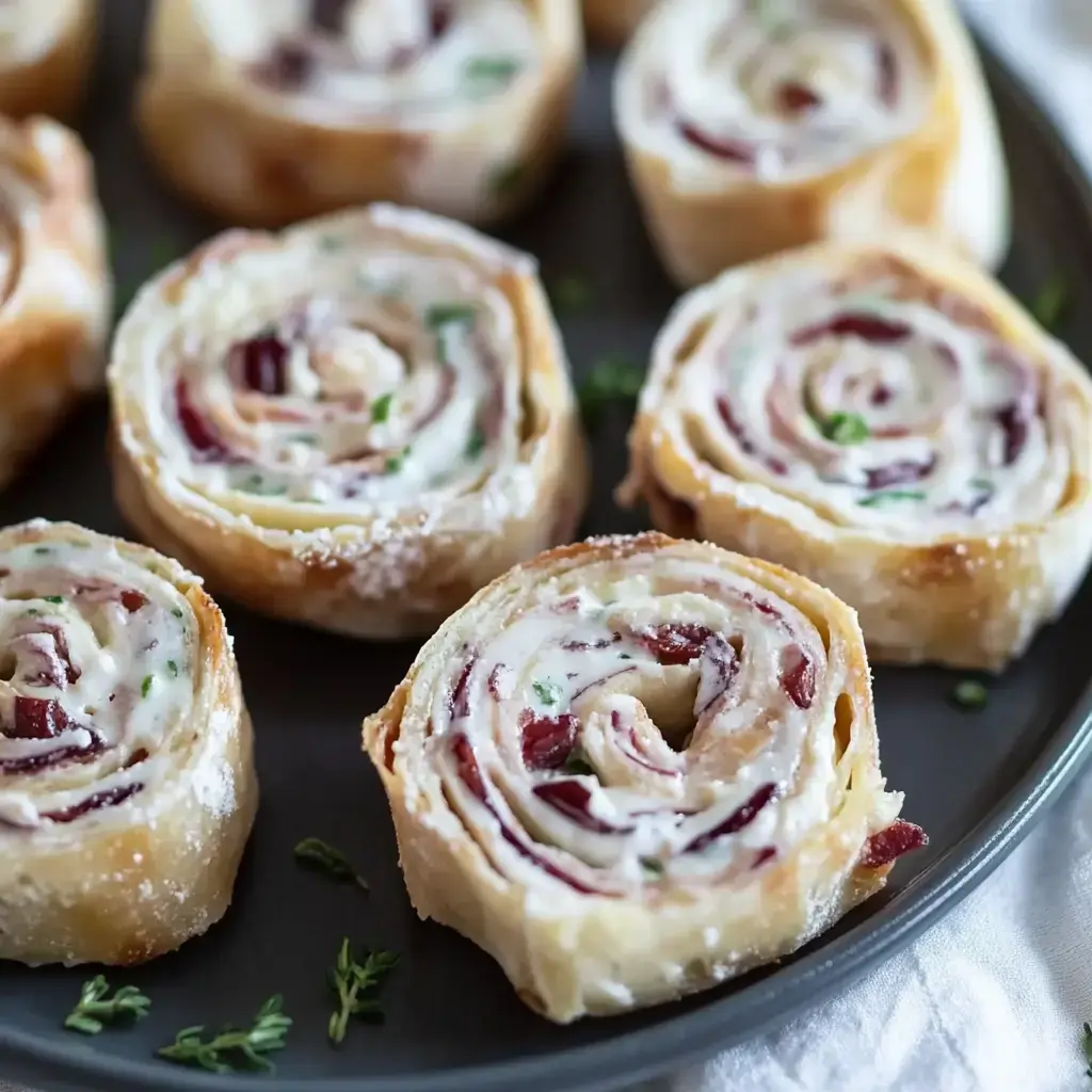 A close-up view of neatly arranged pastry rolls filled with creamy spread and herbs, on a dark plate.