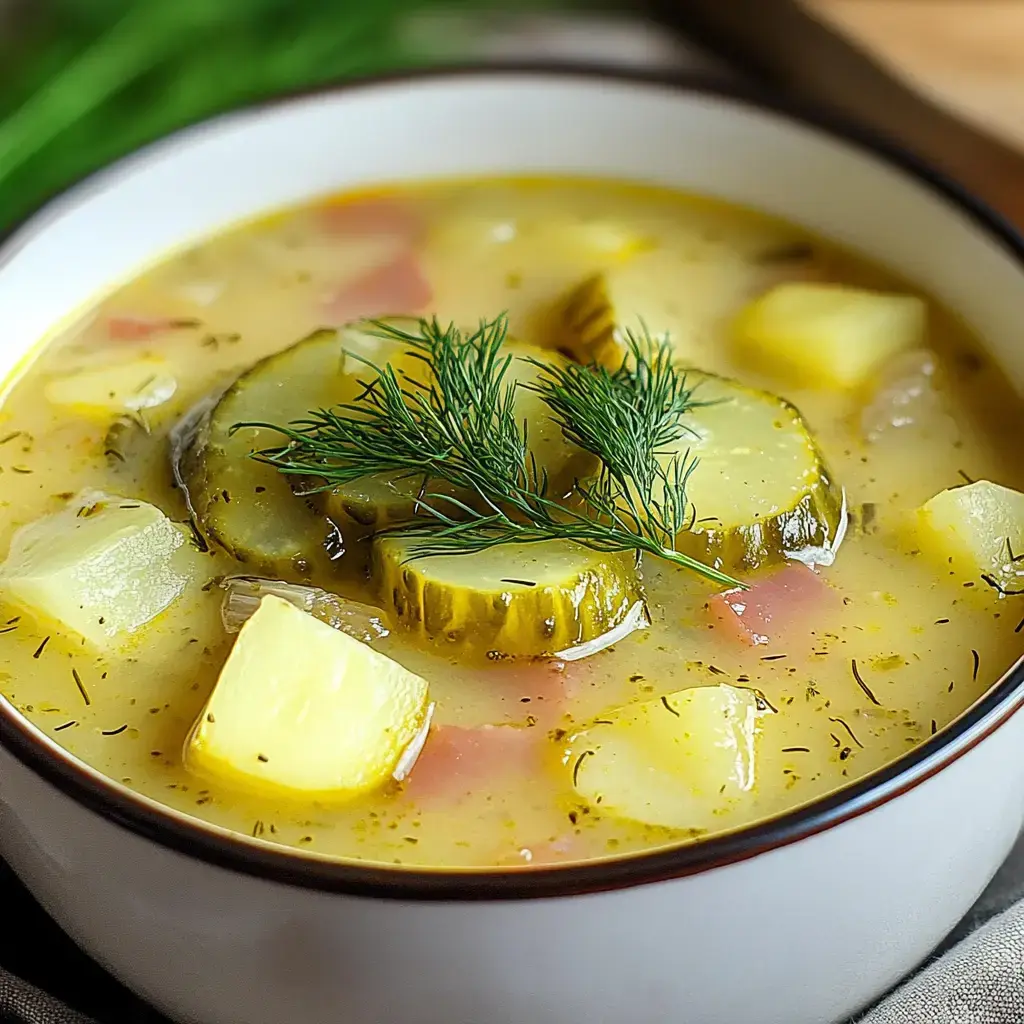 A bowl of creamy soup featuring sliced cucumbers, potatoes, and dill, garnished with fresh dill sprigs.