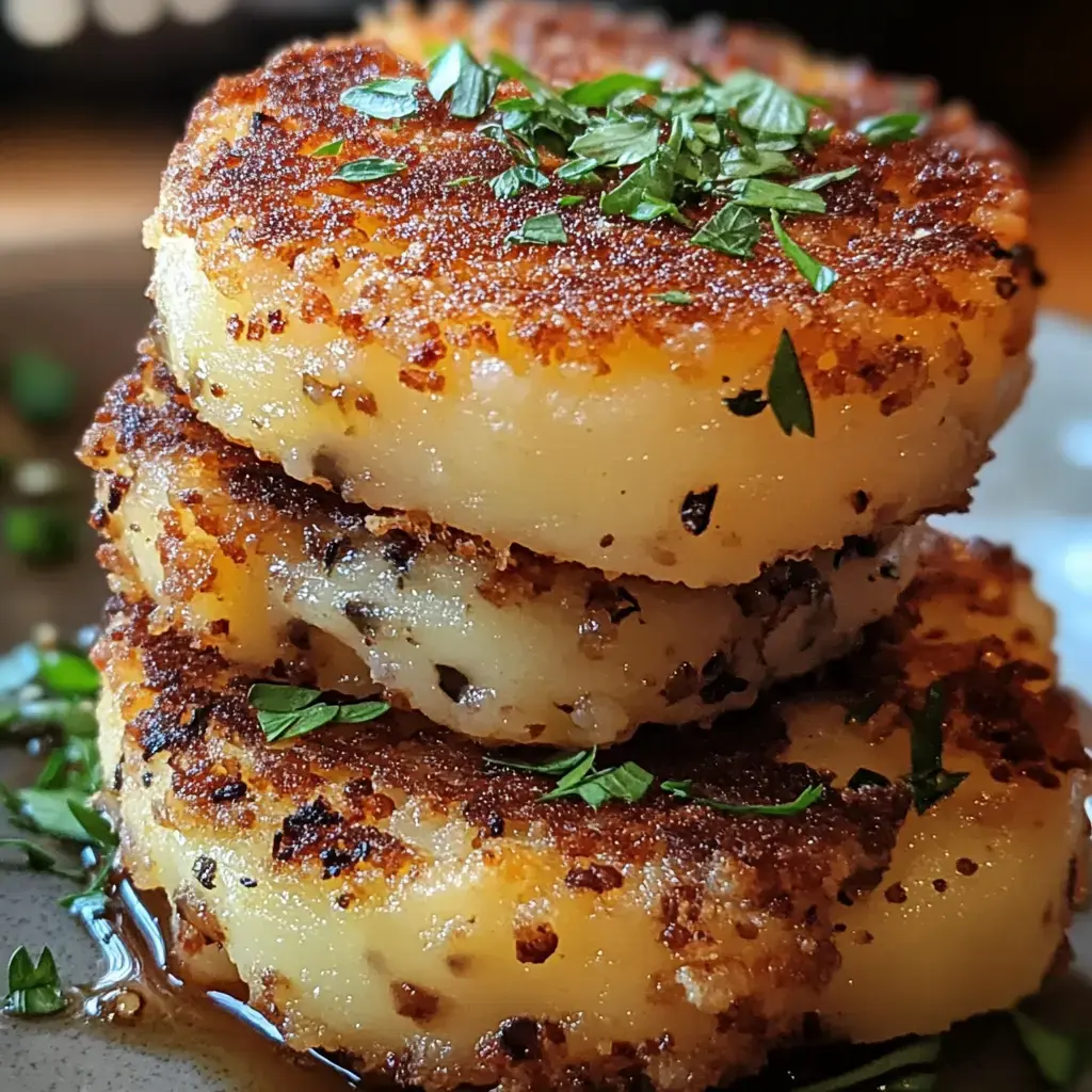 Three golden-brown fried potato cakes stacked on a plate, garnished with fresh herbs.