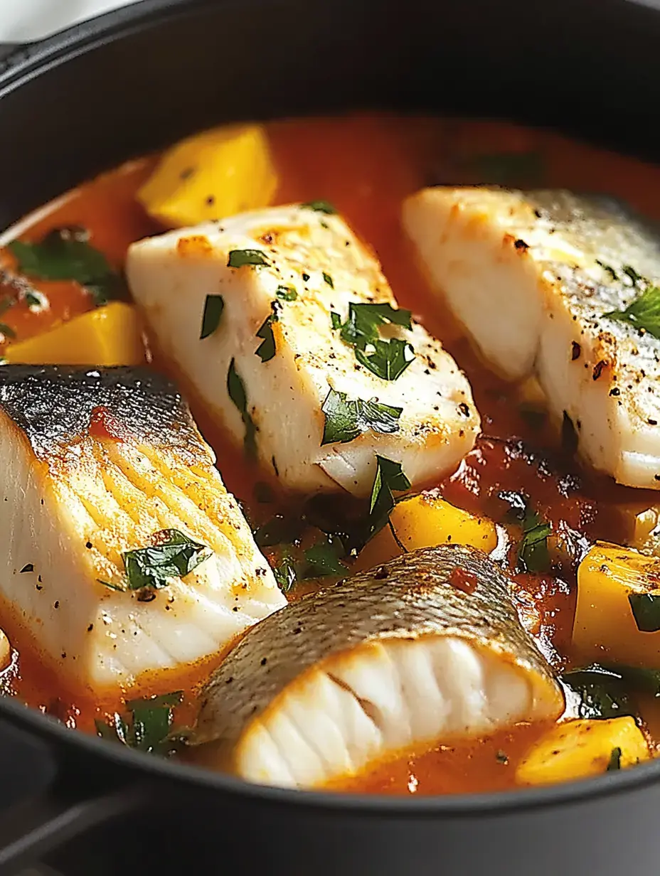 A close-up of white fish fillets simmering in a rich tomato sauce with pieces of yellow vegetables and garnished with green herbs.