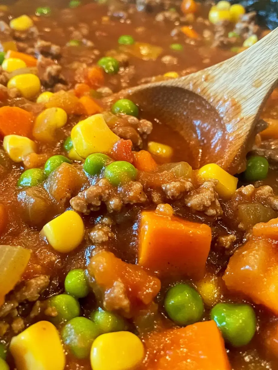 A close-up view of a vegetable and meat stew featuring colorful ingredients like ground meat, corn, peas, and diced carrots in a thick tomato sauce.