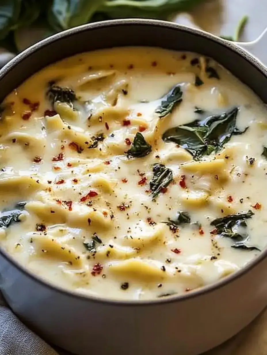 A creamy soup with pasta and spinach, garnished with red pepper flakes, is served in a dark bowl.