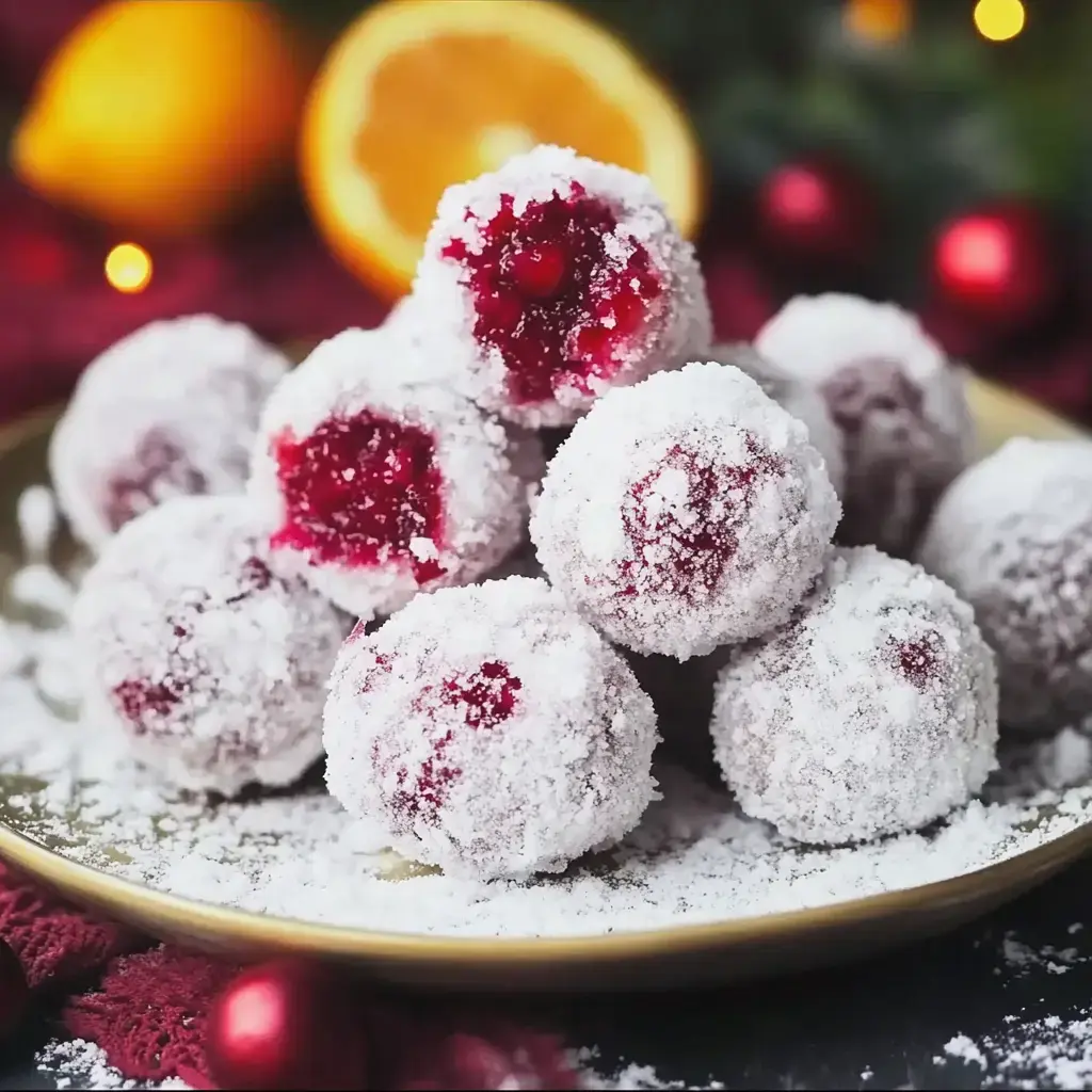 A plate of sugared, red-fruit-filled balls sits against a festive backdrop of ornaments and citrus fruit.