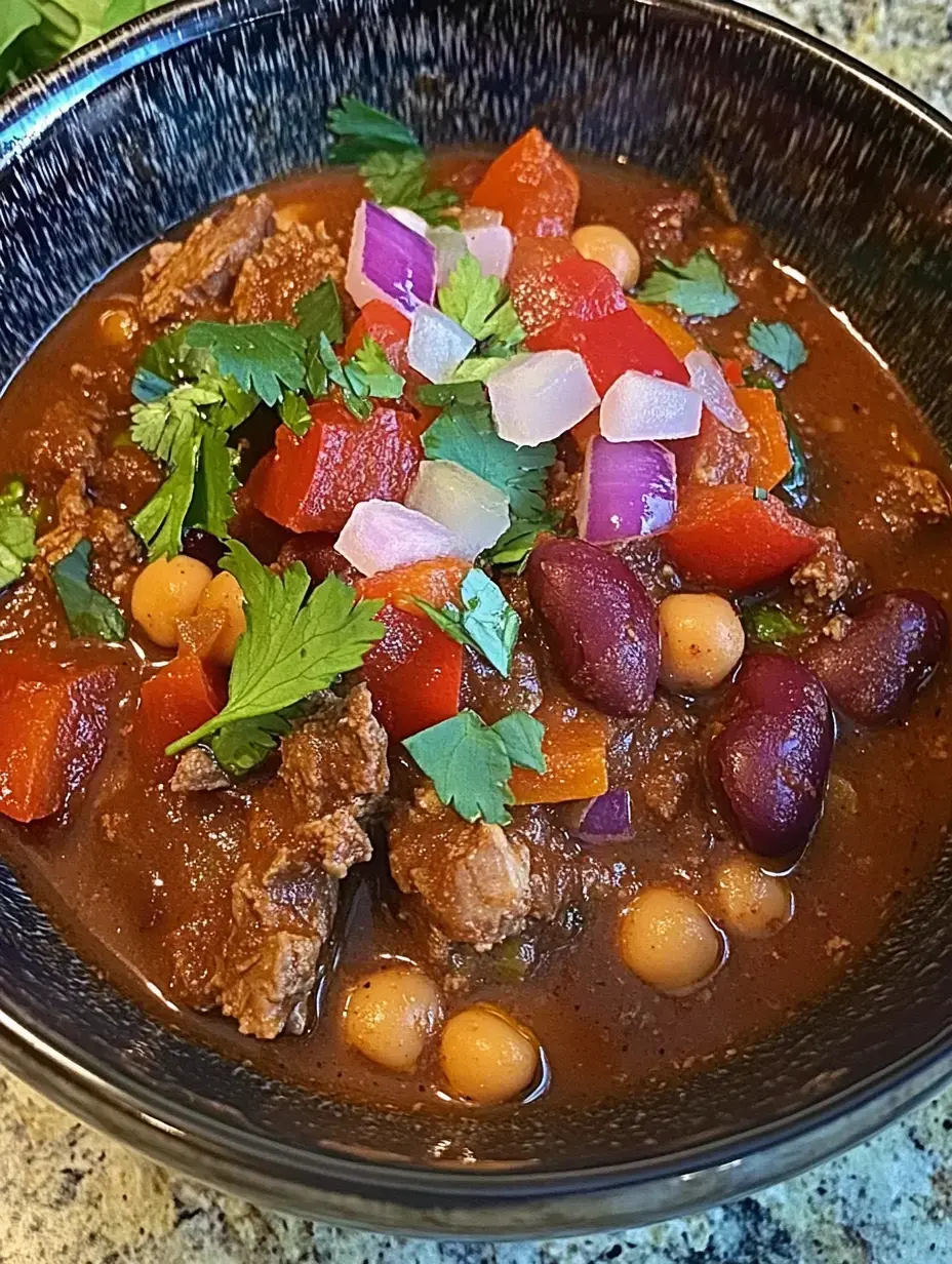 A flavorful bowl of chili topped with fresh diced tomatoes, red onions, cilantro, and a mix of beans.