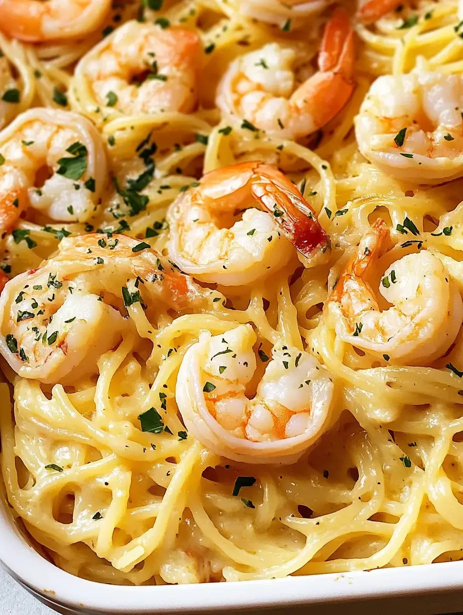 A close-up of creamy pasta topped with shrimp and sprinkled with parsley.