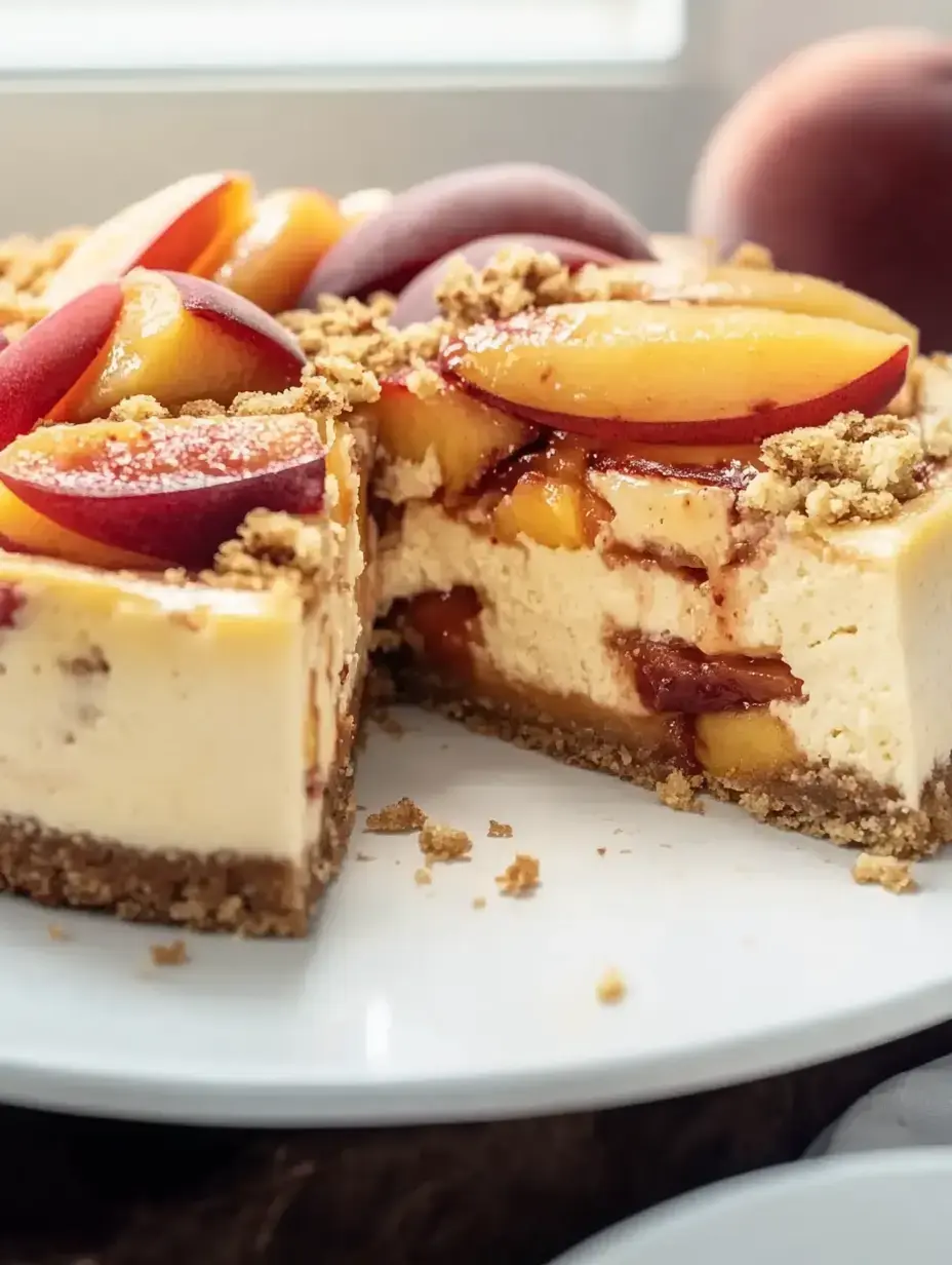 A slice of peach cheesecake topped with fresh peach slices and a crust of crumbled graham crackers on a white plate.