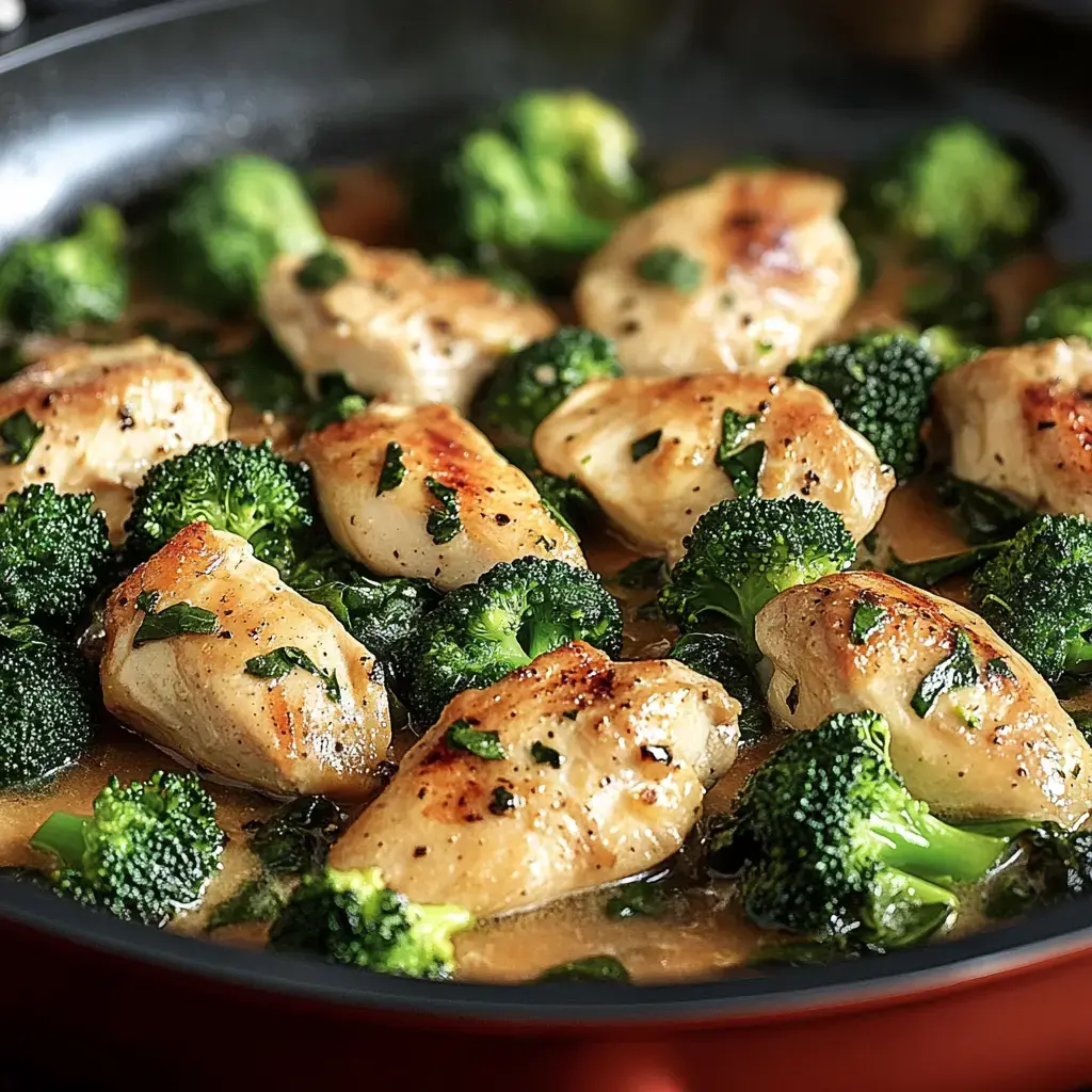 Sautéed chicken pieces are cooked with fresh broccoli in a flavorful sauce.