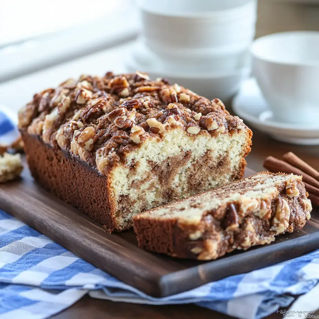 A freshly baked loaf cake with a cinnamon swirl and nut topping, sliced and presented on a wooden board with a checkered blue and white cloth.