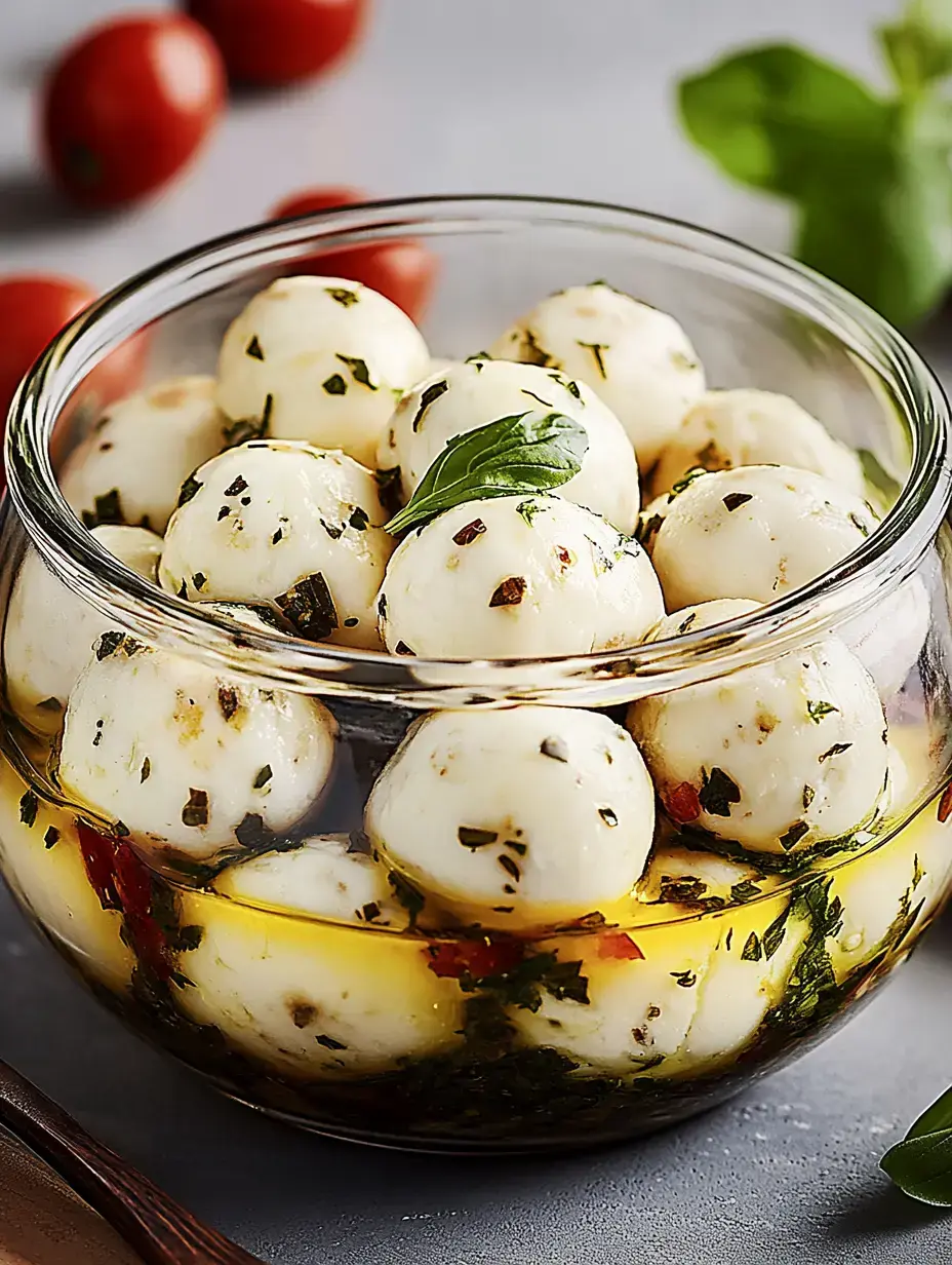 A clear glass jar filled with small mozzarella balls marinated in herb-infused olive oil, accompanied by cherry tomatoes in the background.