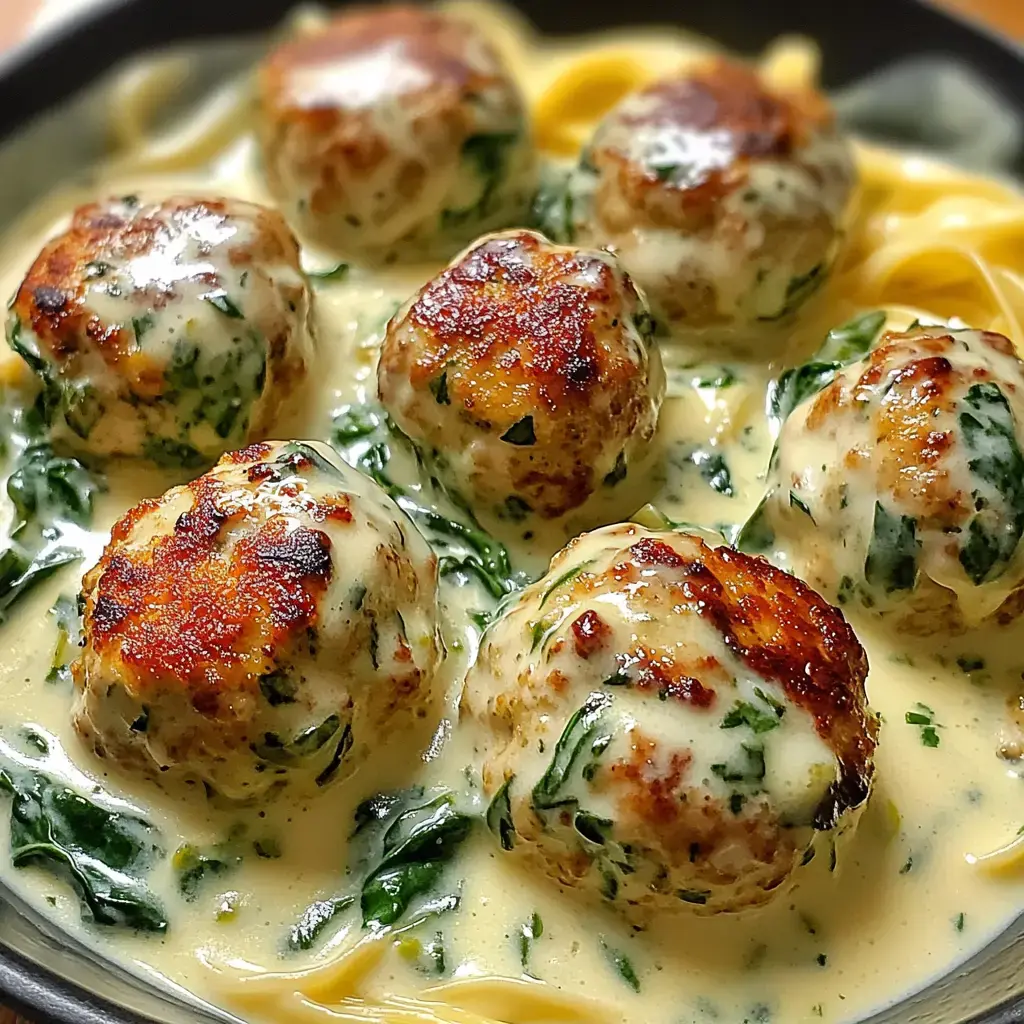 A plate of golden-brown meatballs served over fettuccine pasta in a creamy spinach sauce.