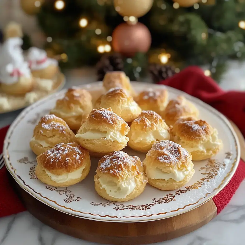 A plate of cream puffs dusted with powdered sugar is displayed in front of a festive background featuring holiday decorations.