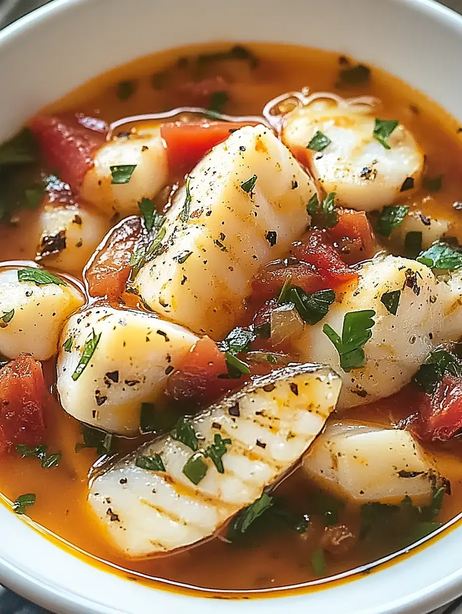 A bowl of seafood stew featuring pieces of fish, tomatoes, and garnished with fresh herbs.