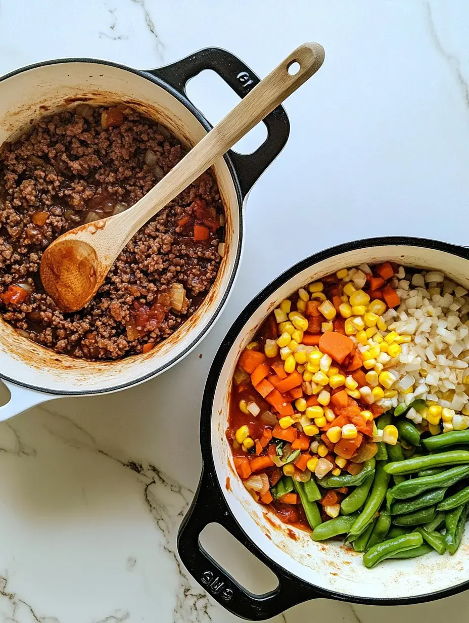 A wooden spoon rests in a pot of cooked ground beef, next to another pot filled with colorful chopped vegetables including carrots, corn, and green beans.