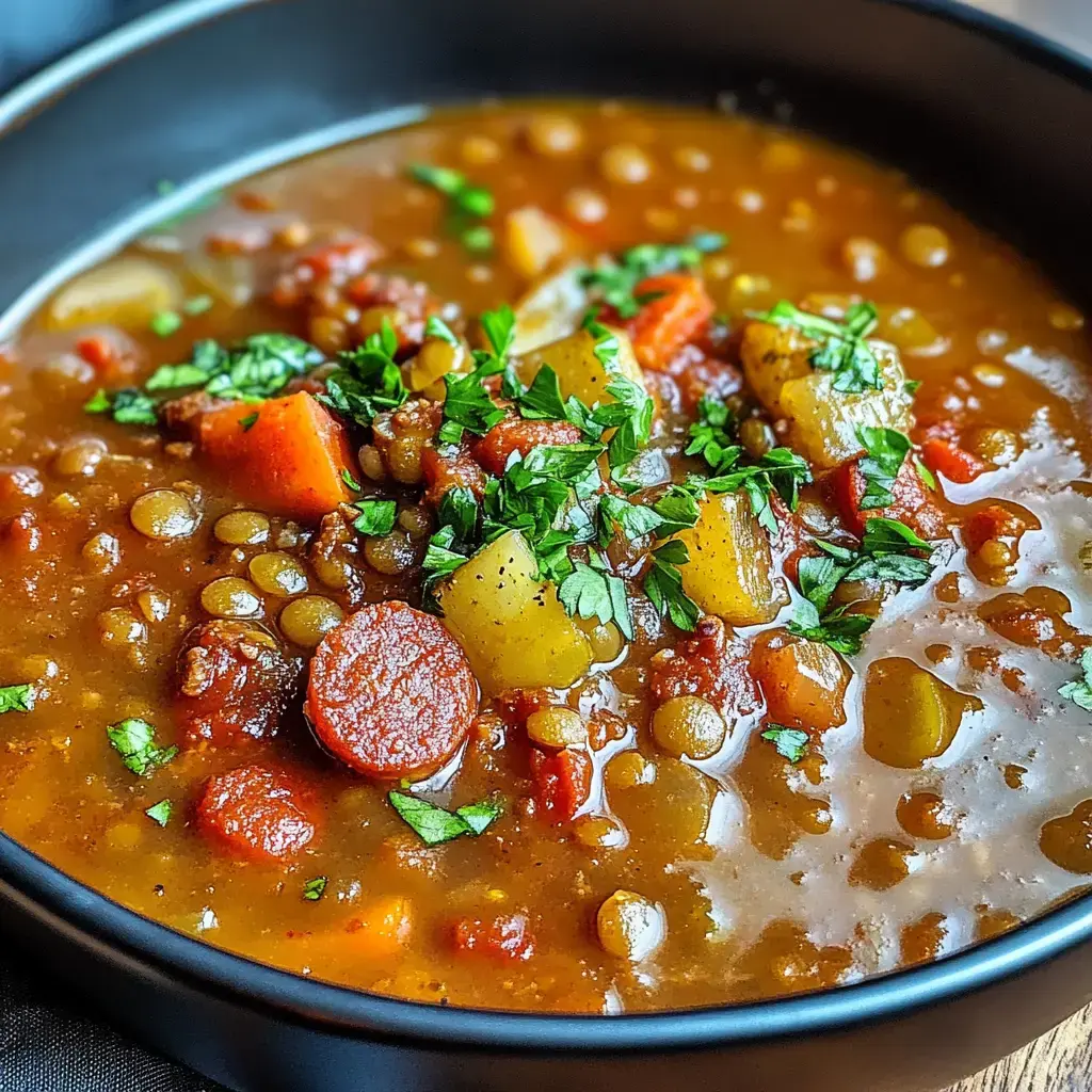 A close-up view of a hearty lentil soup garnished with fresh parsley, featuring vegetables and slices of sausage in a rich brown broth.