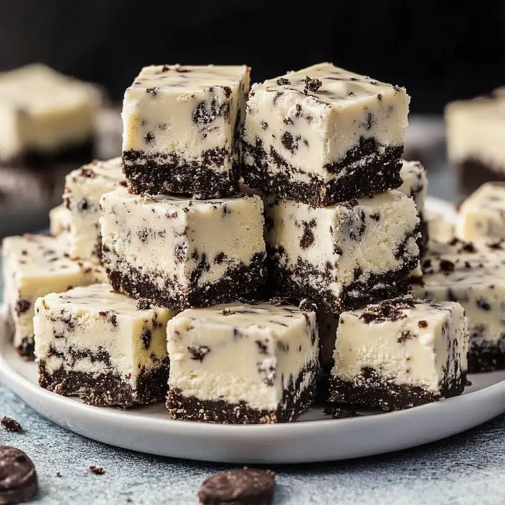 A plate stacked with creamy white and dark chocolate layered fudge pieces, featuring a crumbly Oreo crust.