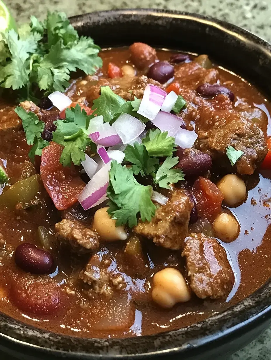 A close-up bowl of chili topped with chopped onions, cilantro, and colorful peppers.