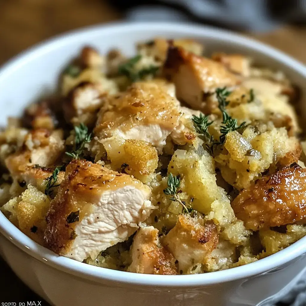 A close-up of a bowl filled with chicken and herb-flavored stuffing, featuring chunks of golden-brown roasted chicken.