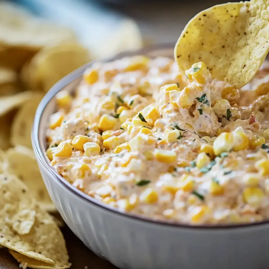 A bowl of creamy corn dip is shown with a tortilla chip being dipped in, surrounded by more chips on the side.