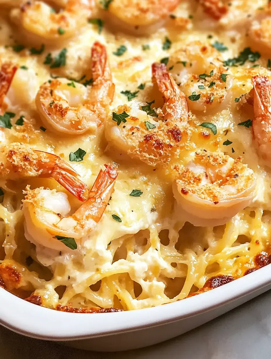 A creamy baked pasta dish topped with shrimp and garnished with parsley.