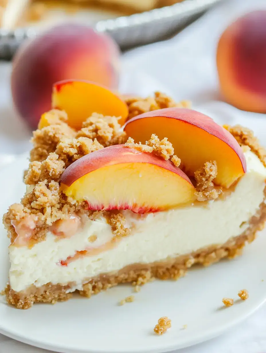 A slice of cheesecake topped with fresh peach slices and a crumbly topping, served on a white plate with whole peaches in the background.