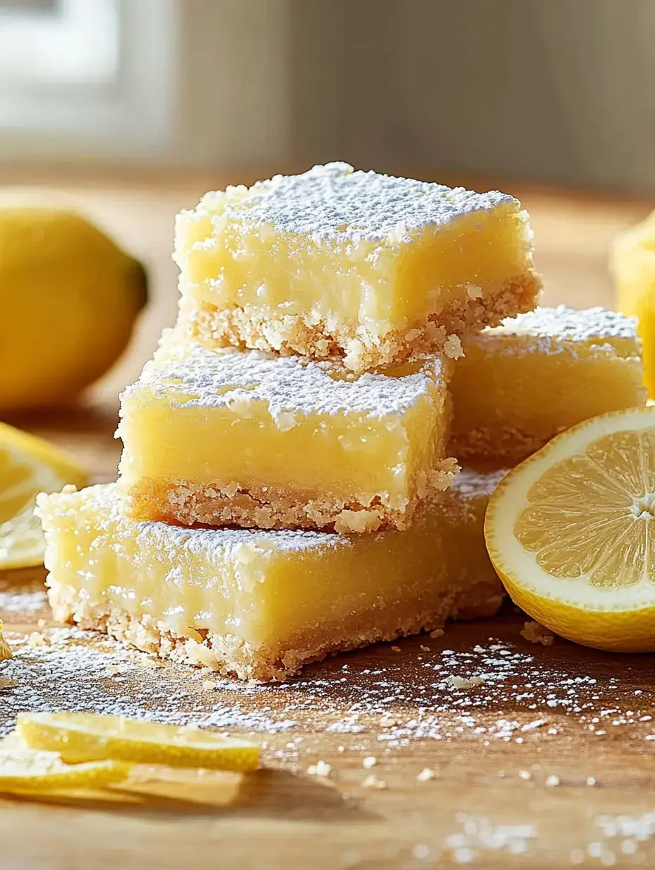 A stack of lemon bars dusted with powdered sugar, with lemon slices and a whole lemon in the background.