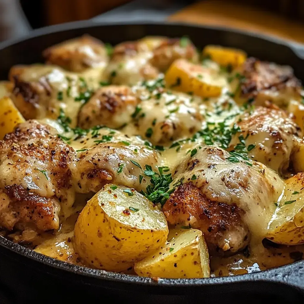 A cast iron skillet filled with golden roasted potatoes and baked chicken thighs topped with melted cheese and garnished with fresh herbs.