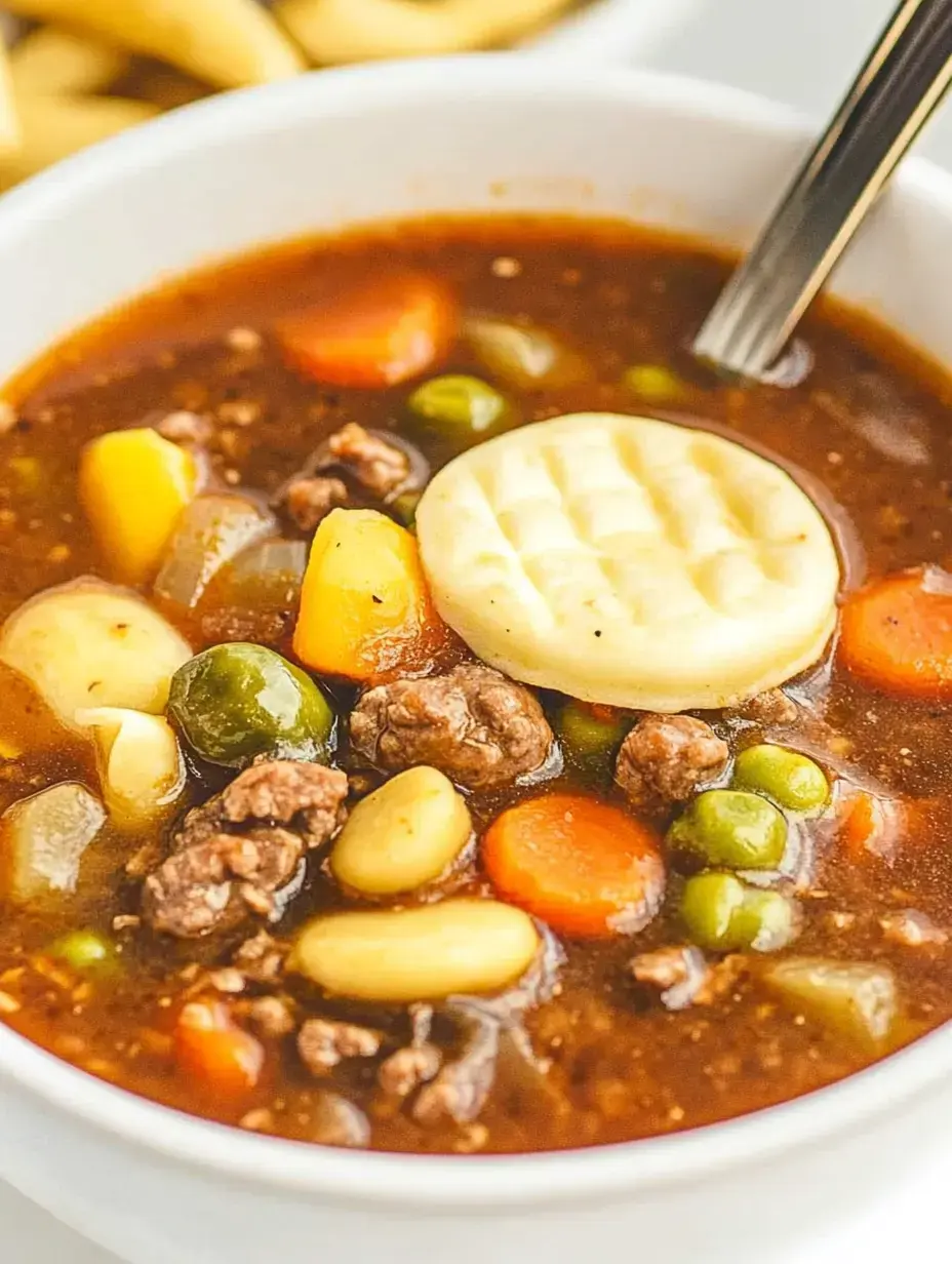 A bowl of hearty beef and vegetable soup topped with a round cracker.