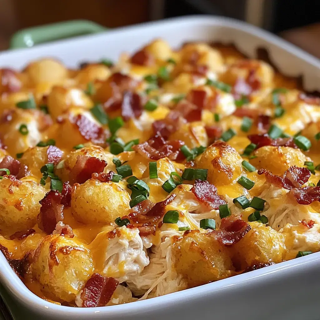 Un plat gratiné de pommes de terre gaufrettes, poulet, fromage cheddar et morceaux de bacon, garni d'oignons verts.