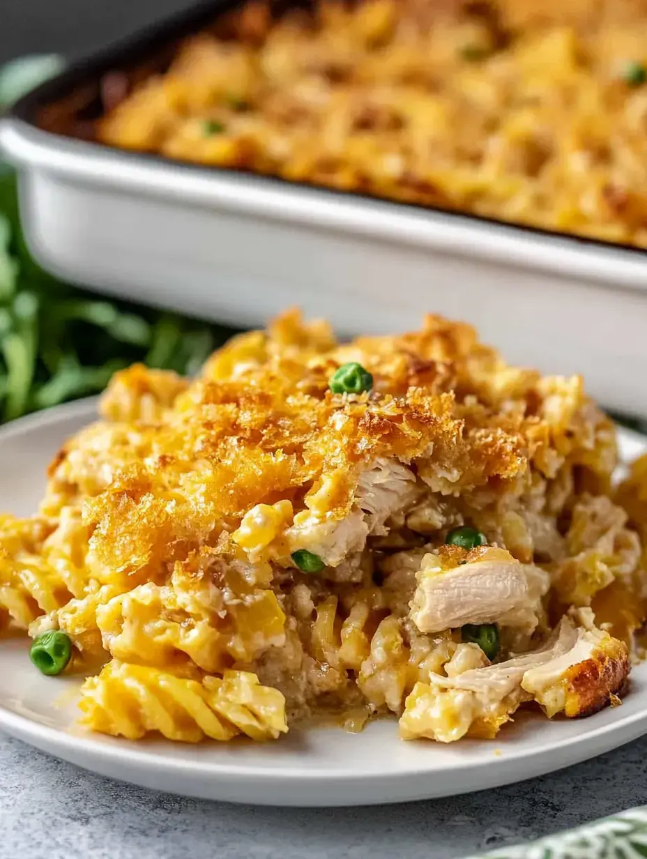 A plate of creamy chicken and pasta casserole topped with a golden, crunchy breadcrumb layer and green peas.