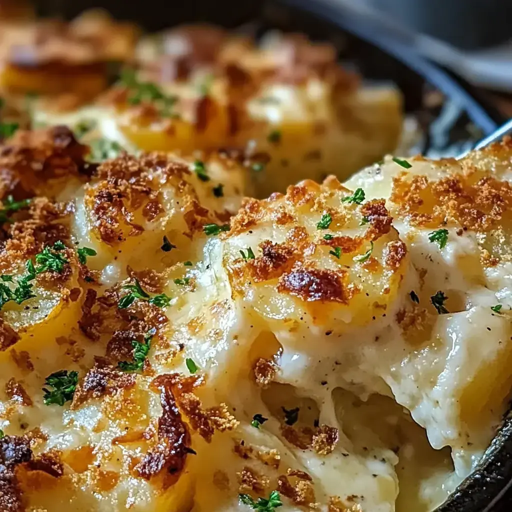 A close-up of a creamy, cheesy potato dish, topped with golden-brown breadcrumbs and fresh parsley.