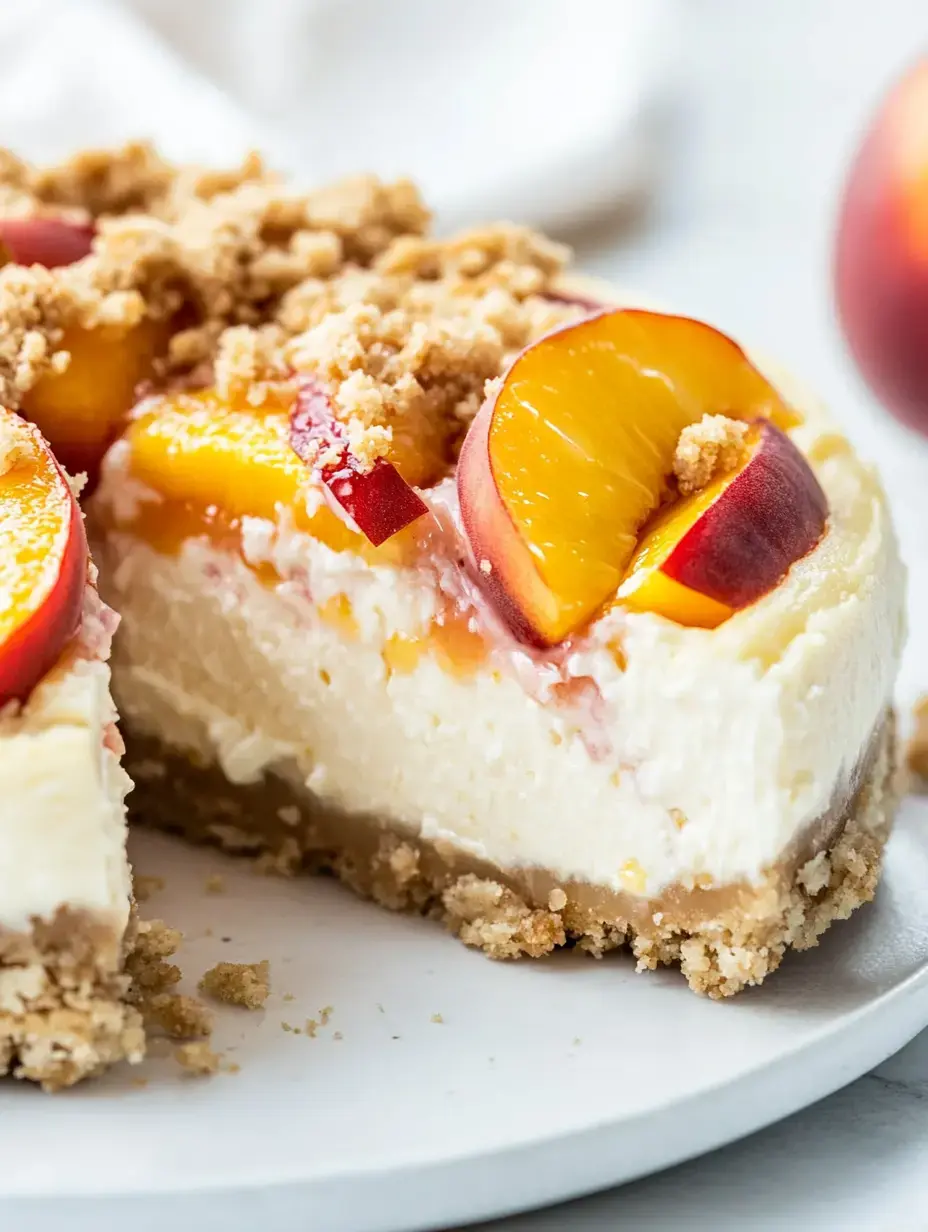 A slice of creamy cheesecake topped with peach slices and a crumbly topping sits on a white plate.