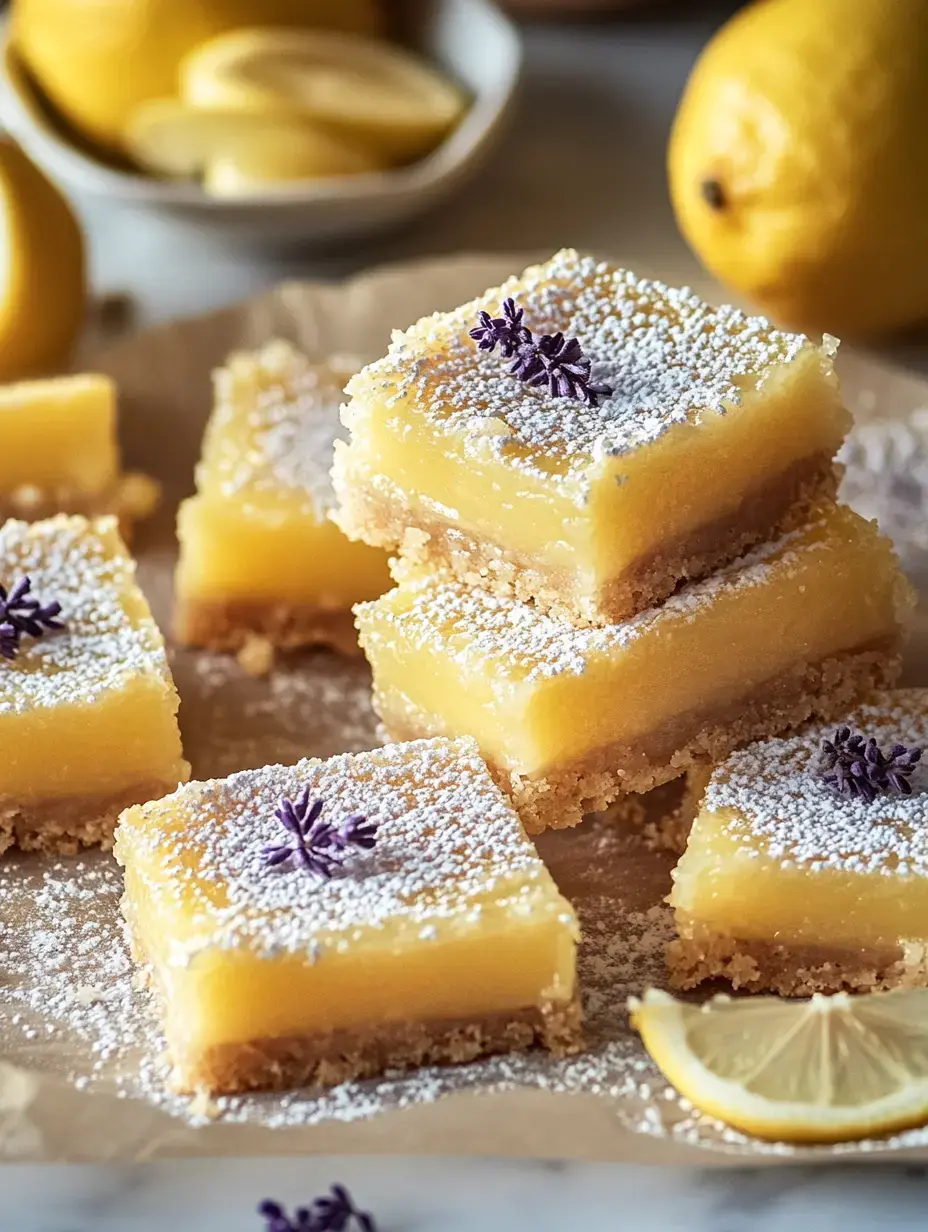 A stack of lemon bars dusted with powdered sugar and garnished with a purple flower, surrounded by fresh lemons and a lemon slice on parchment paper.