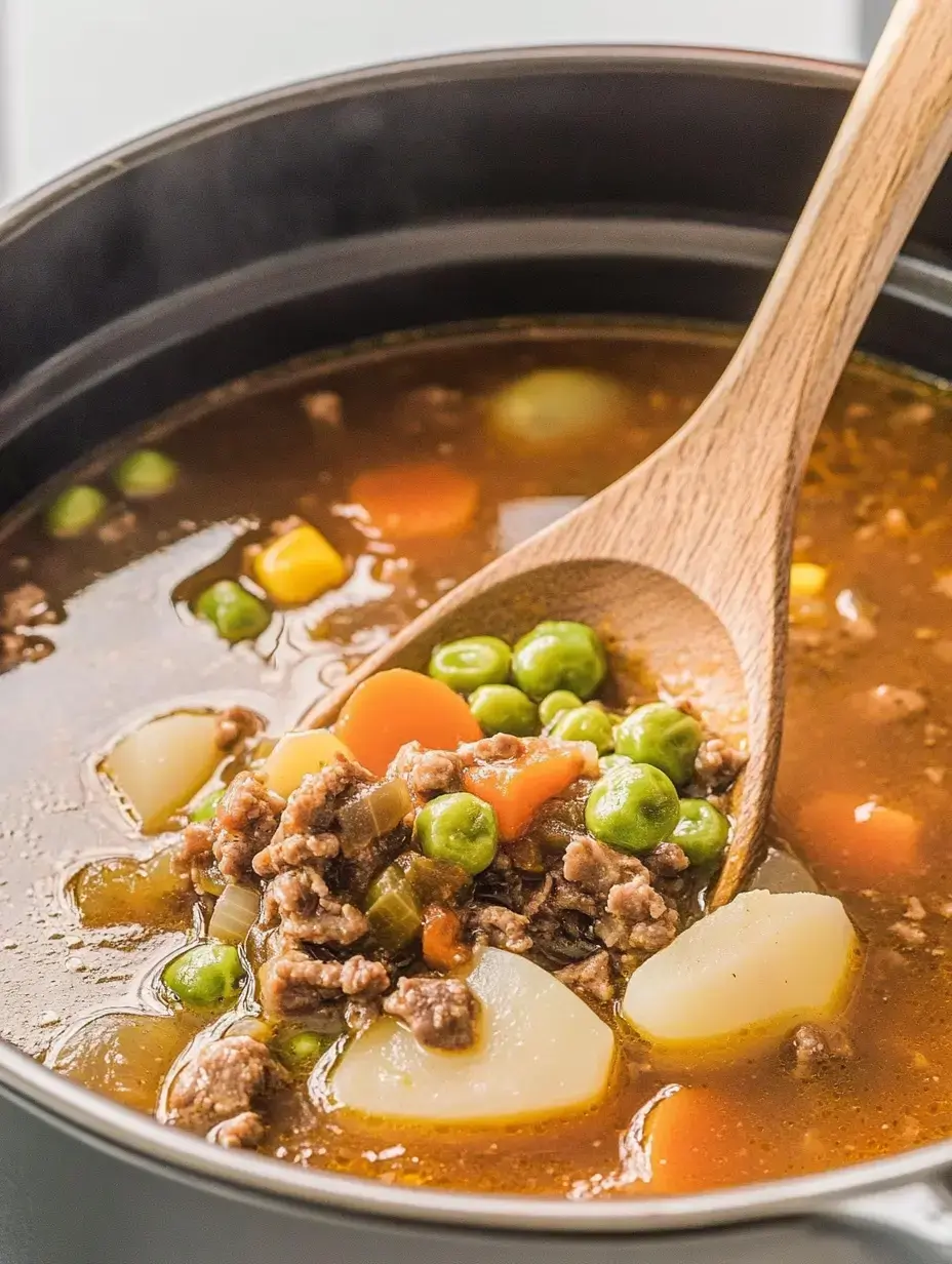 A wooden spoon stirs a hearty beef and vegetable stew in a pot, featuring potatoes, carrots, peas, and corn.