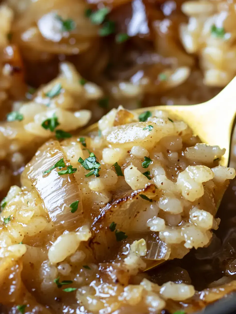 A close-up of a bowl of creamy risotto featuring caramelized onions and garnished with green herbs.