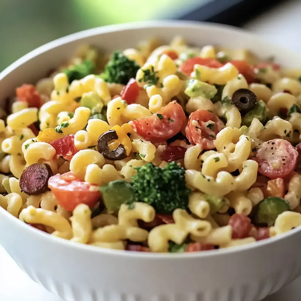 A close-up of a bowl filled with colorful macaroni salad, featuring pasta, tomatoes, olives, broccoli, and herbs.