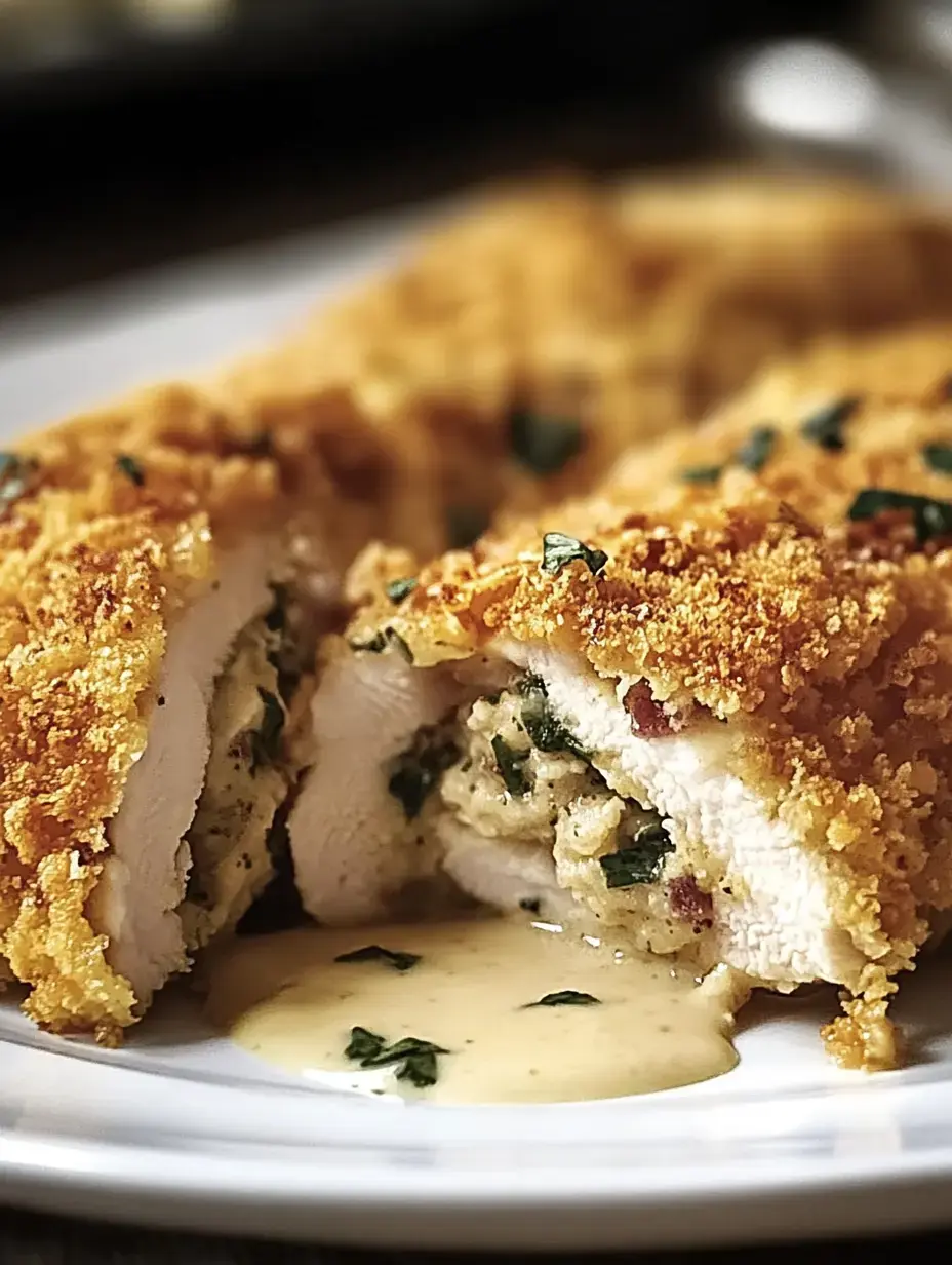 A close-up of sliced, breaded chicken filled with a herb and bacon stuffing, drizzled with a creamy sauce.