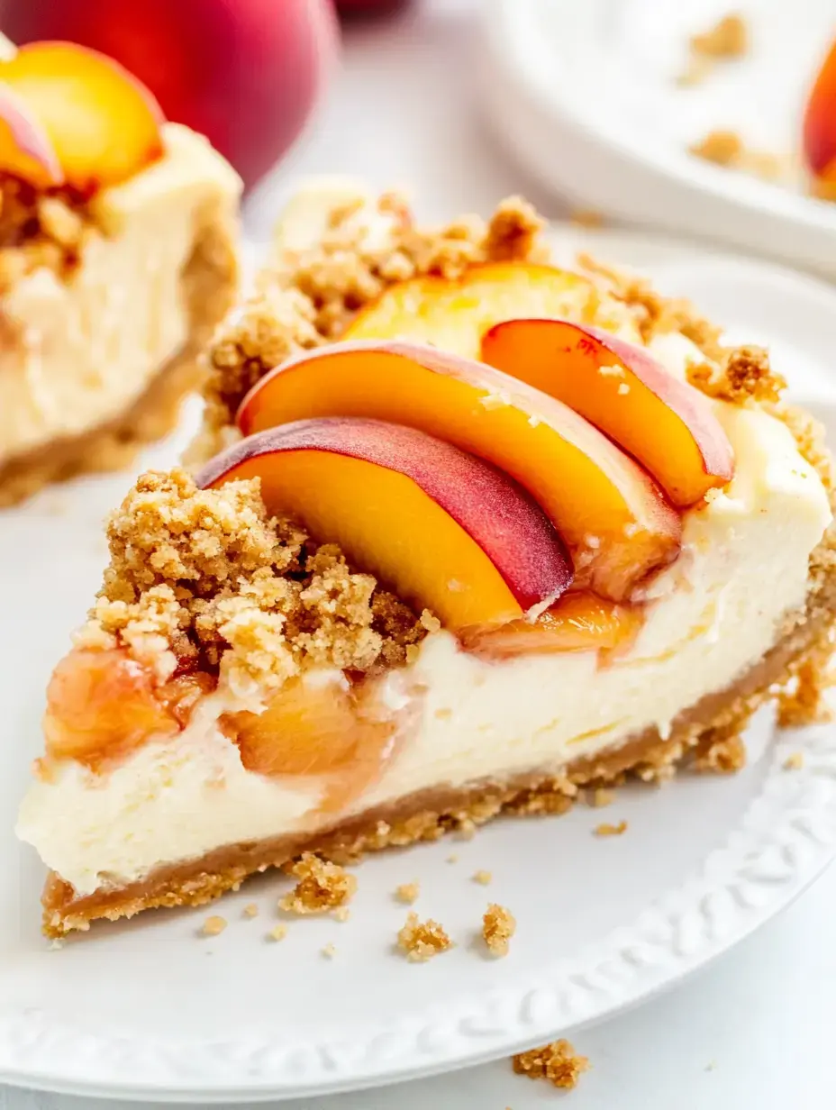 A slice of creamy peach cheesecake topped with fresh peach slices and a crumbly topping, served on a decorative white plate.