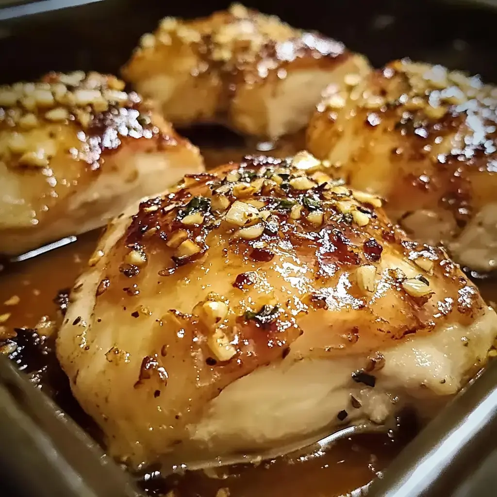 A close-up of four pieces of glazed chicken topped with chopped garlic and herbs, served in a dish with savory sauce.