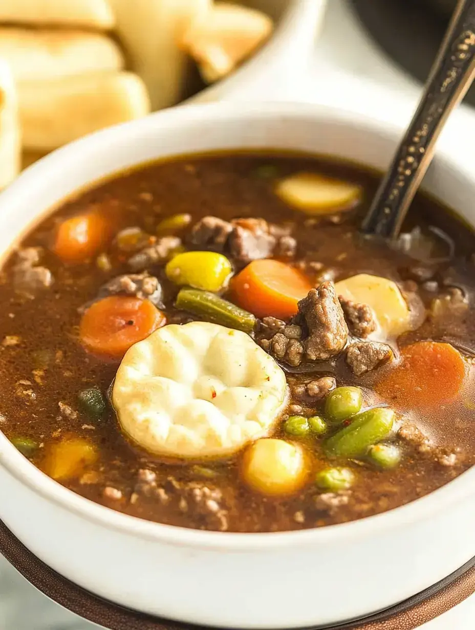 A bowl of hearty beef and vegetable soup with a decorative cracker on top, accompanied by bread rolls in the background.