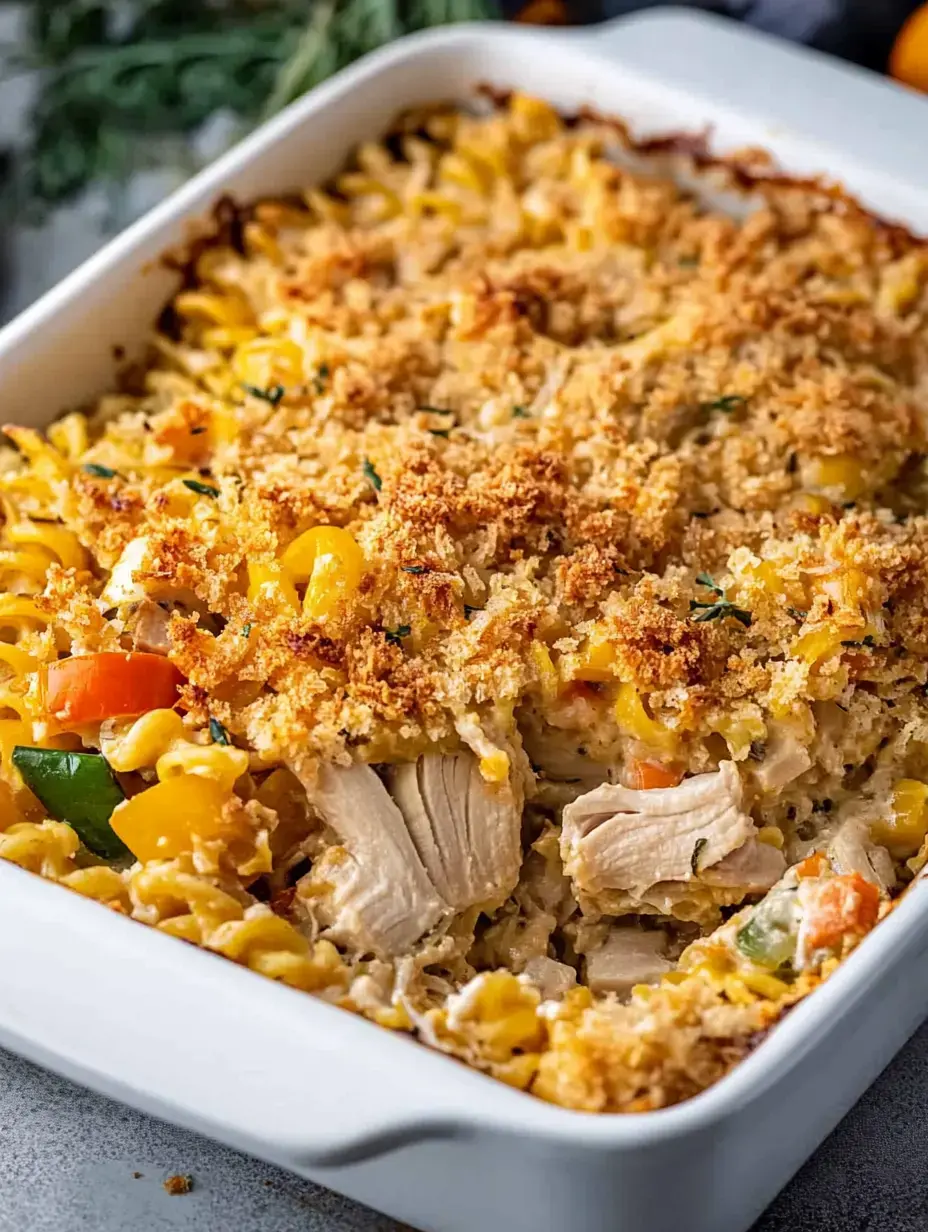 A baked pasta dish with chicken, colorful vegetables, and a crispy topping in a white casserole dish.