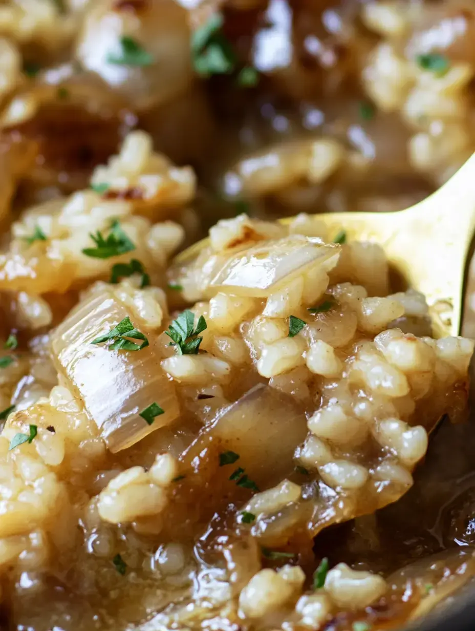 A close-up of creamy rice mixed with chopped onions and garnished with parsley.