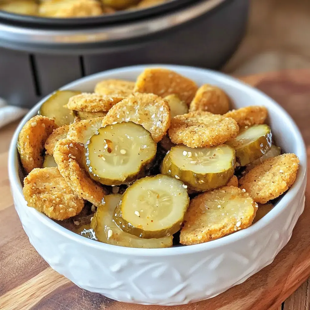 A white bowl filled with sliced pickles and crunchy cornmeal-coated snacks sits on a wooden surface.