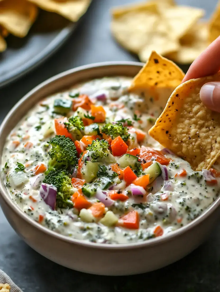 A hand dips a chip into a bowl of creamy vegetable dip topped with diced tomatoes, cucumbers, and broccoli.