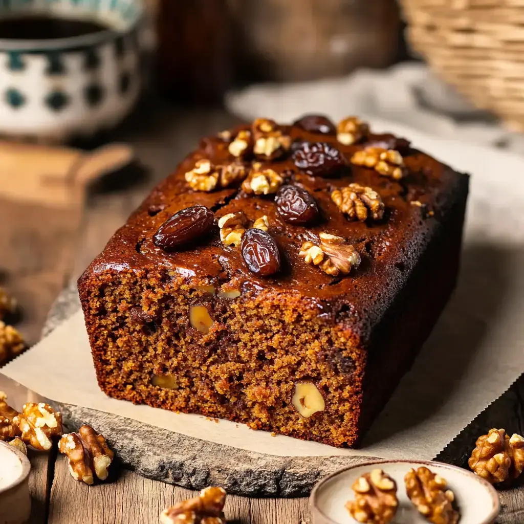 A slice of rich, dark cake topped with walnuts and raisins, presented on a rustic wooden surface.