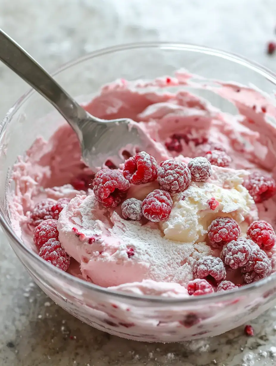 A glass bowl filled with pink raspberry-flavored cream mixed with fresh raspberries and powdered sugar, with a fork resting inside.